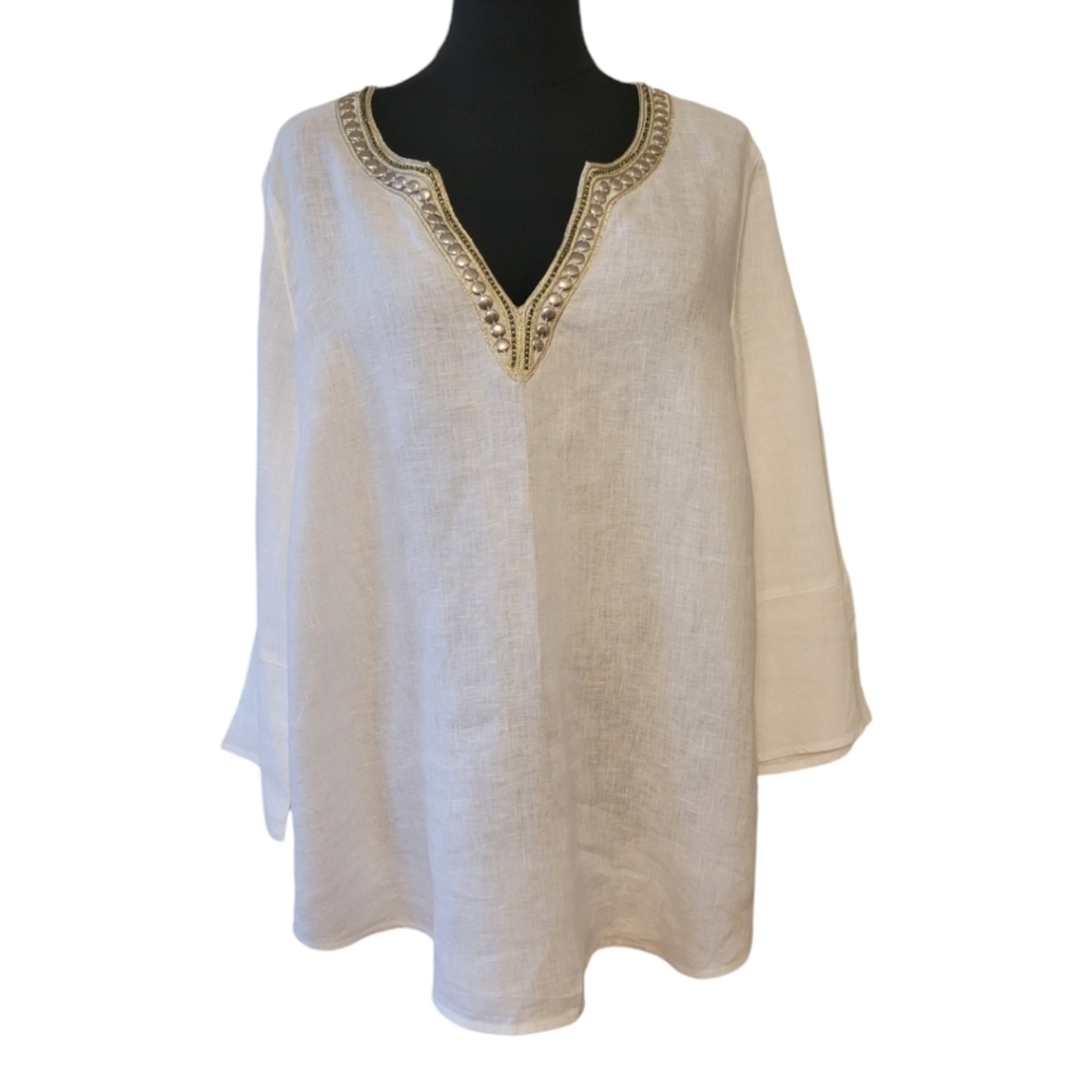 J. Jill 100% Linen Embellished Tunic Top Size Medium